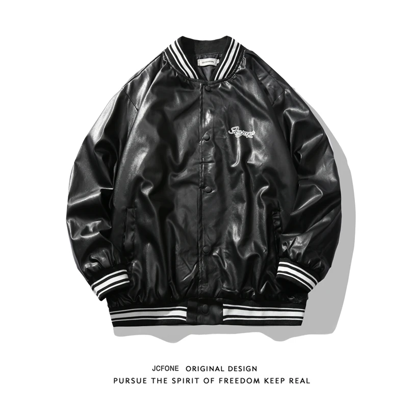 

Men's versatile sports embroidered leather jacket, casual motorcycle leather jacket, street solid color oversized jacket