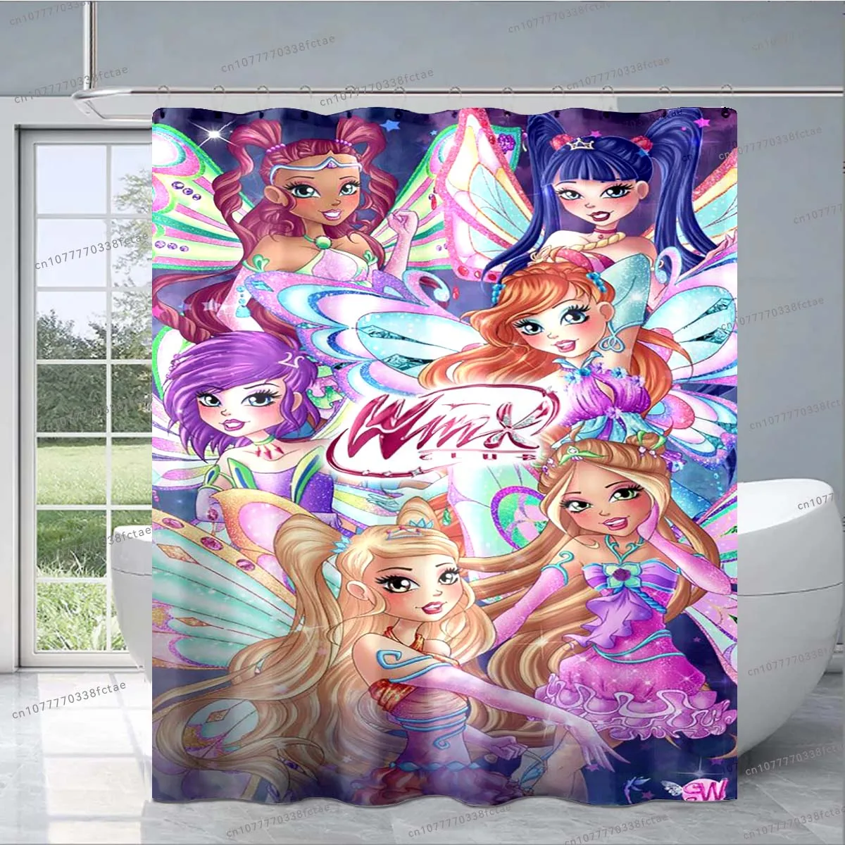 ม่านอาบน้ำอะนิเมะ Winx สีชมพูลายภาพยนตร์อนิเมะแบบคลาสสิกม่านห้องน้ำรูปการ์ตูนสำหรับเด็กตกแต่งแฟชั่นของขวัญสำหรับเด็ก