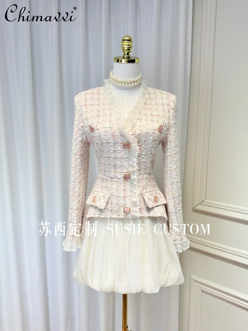 

Элегантное женское платье-трансформер из твида с цветным клетчатым узором, рюшами и V-образным вырезом, имитация двухслойного платья, для офиса