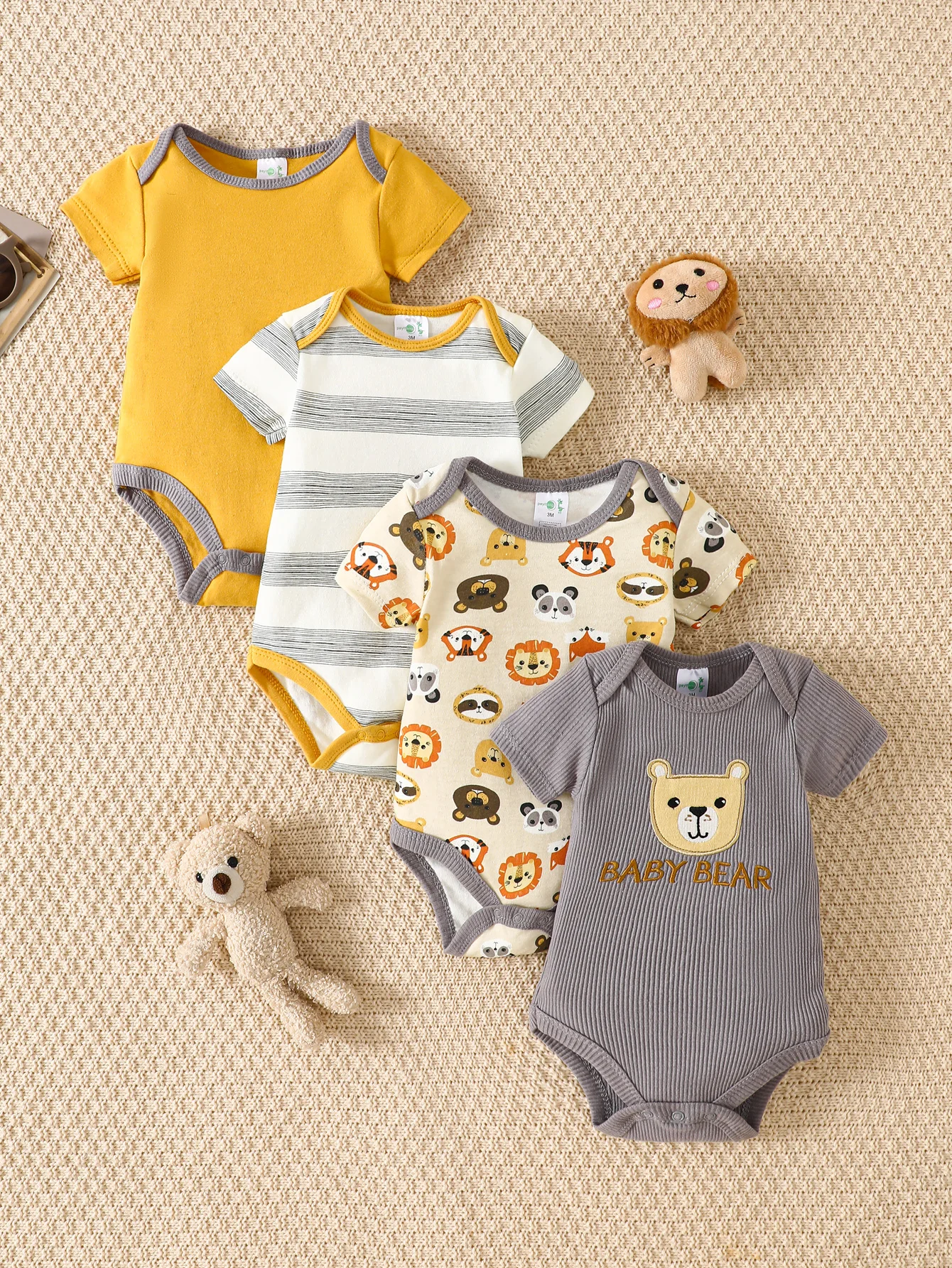4Pcs Baby Bodysuit Set Short Sleeve Cotton Onesie Cartoon Bear Tiger Print Striped Solid Infant Romper Summer Baby Clothes 0‑9M