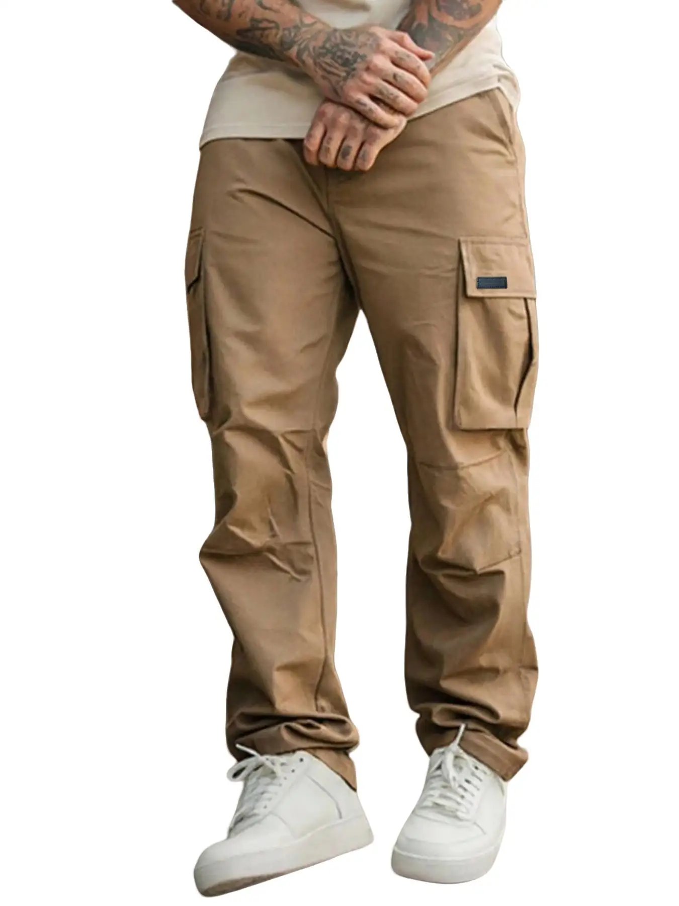 Herren Einfarbige Cargohose Regular Fit Lässige Gerade Hose mit Pattentaschen und Kordelzug für den Alltag – Detail 19