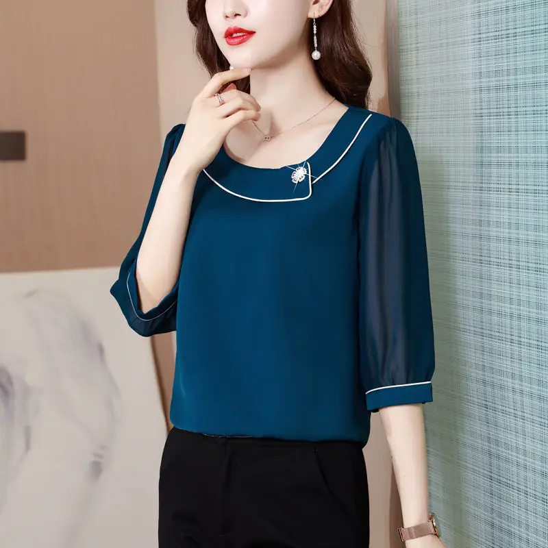 Oversized Chiffon Ladies Fashion Diamonds O-neck Half Sleeve Blouse Summer Simplicity Bright Line Decoration Pullover Shirts