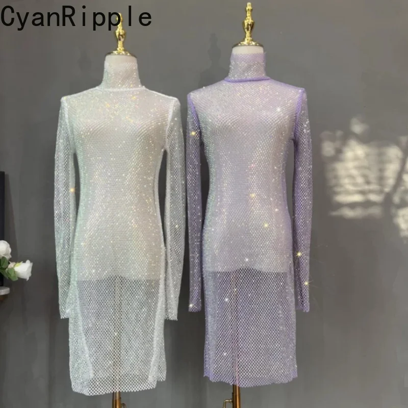 Blingbling New Spring Autumn Sexy Rhinestone Slimming Mid-long Dress Elegant High Collar Long Sleeve Hollow Out Mesh Party Dress