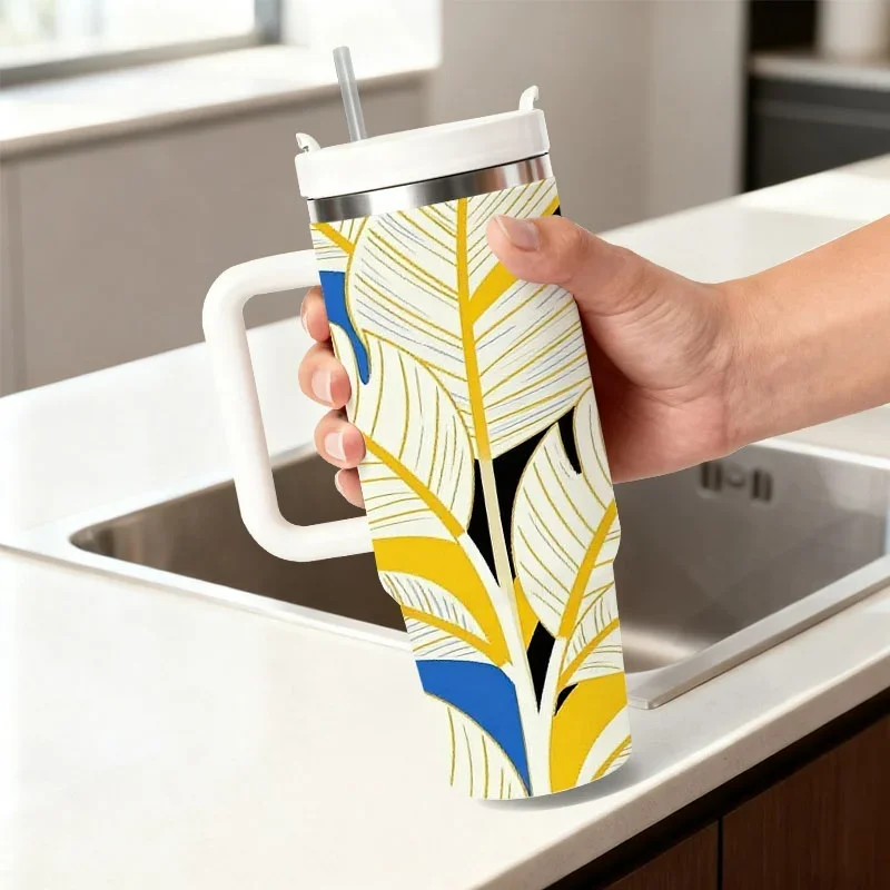 Vibrant Stylized Botanical Print 40Oz Stainless Steel Insulated Tumbler, Digital Printed Bold Graphic Mug with White Yellow-Outlined Leaves Against Pink Blue Black Background, Reusable Drink Cup for Home Office Outdoor Daily Use