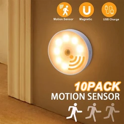 2~10PCS Motion Sensor LED Night Light USB Rechargeable Night Lamp Kitchen Cabinet Wardrobe Lamp Staircase Wireless Closet Light