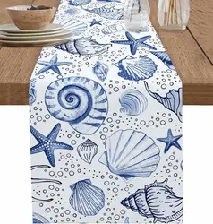 Starfish Seashells Linen Table Runners Blue Beach Boho Nautical Ocean Dresser Scarf Table Decor Dining Table Wedding Party Decor