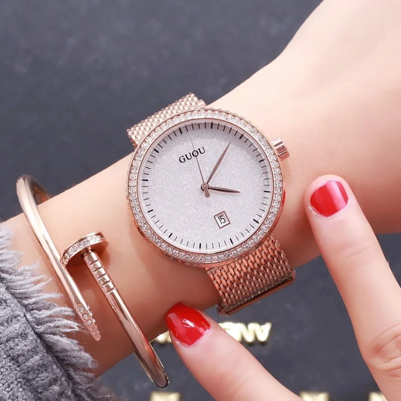 New Stylish And Trendy Women'S Stainless Steel Watch With A Simple Design And Calendar Function, Featuring A Quartz Movement.