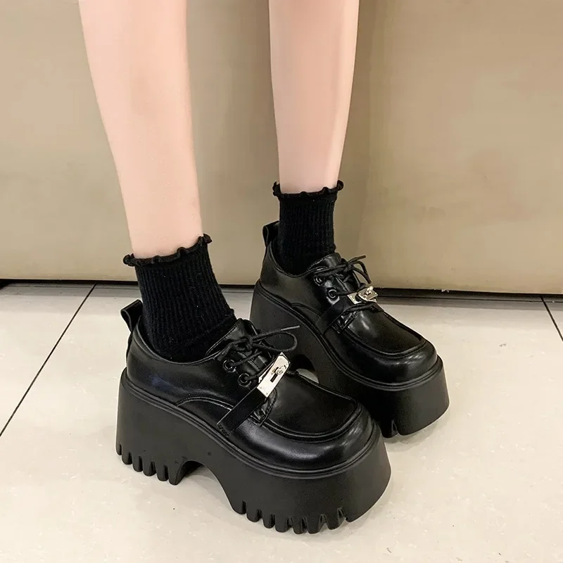 8CM Lolita buty damskie Mary Jane wiązane mokasyny dziewczęce jednolite buty na wysokich obcasach na platformie buty biurowe buty damskie Cosplay