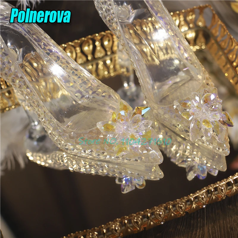 Flower Decor Transparent High Heels for Women Fairy Wedding Dress Shoes Elegant Pointed Toe Round Heel Pumps Banquet Party Shoes