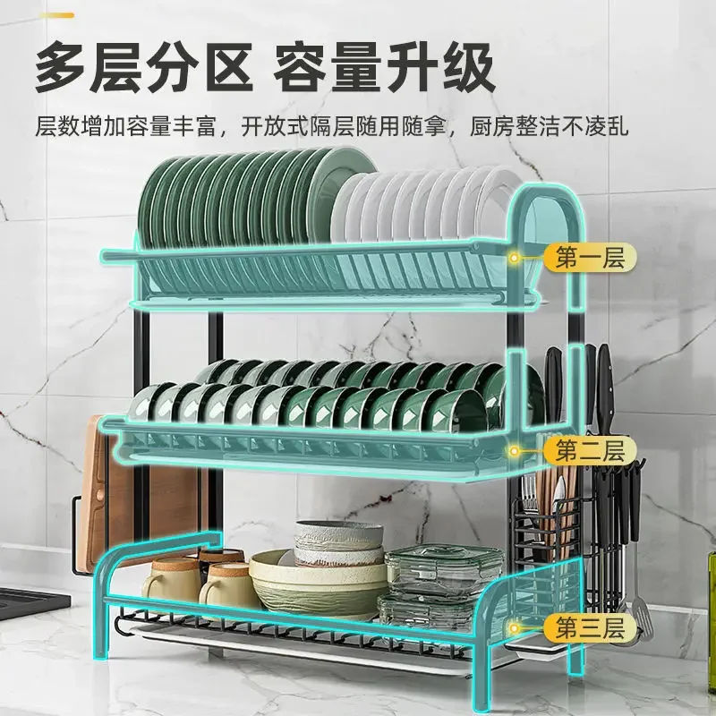 304 Stainless Steel Dish Rack 3-Layer Drain Holder, Drying Filter, Tableware Storage Box for Kitchen, Durable Drainer Organizer