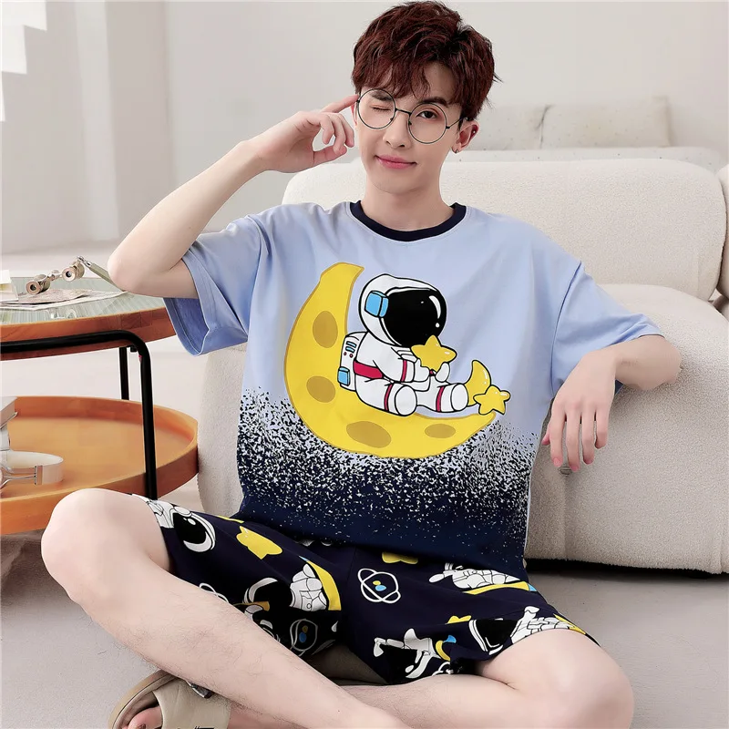 

5XL Summer Pijama Sets Women Men 2PCS Adult Korean Loose Sleepwear Pyjama Male Loungewear Space Stars Print Cotton Pijamas Mujer