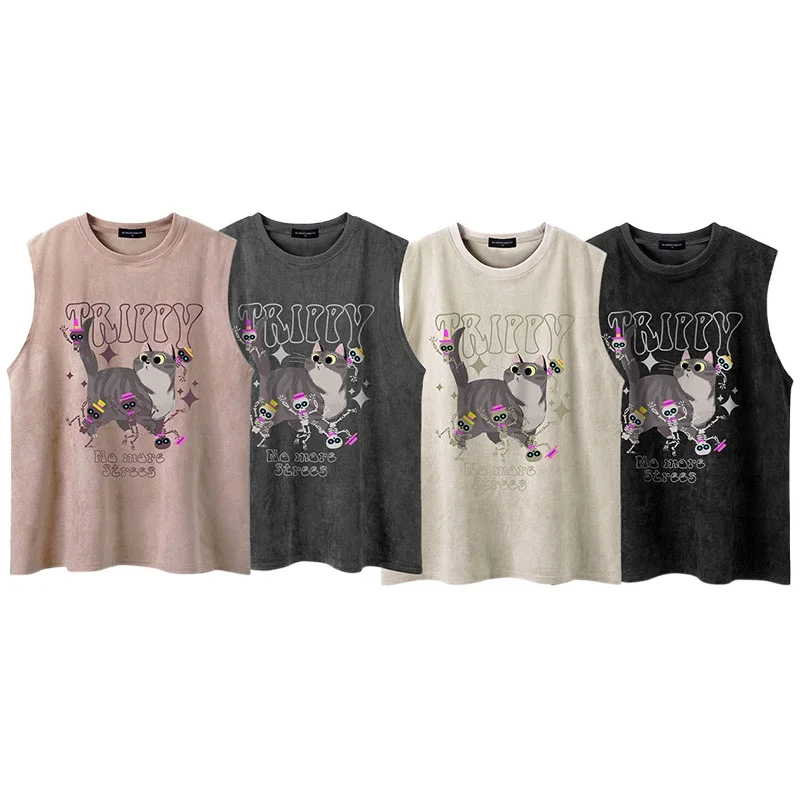 Sports Vest Round Neck Cotton Retro Cat Printing Men's and Women's Loose Couple Sleeveless T-shirt Casual Fashion Summer Trendy