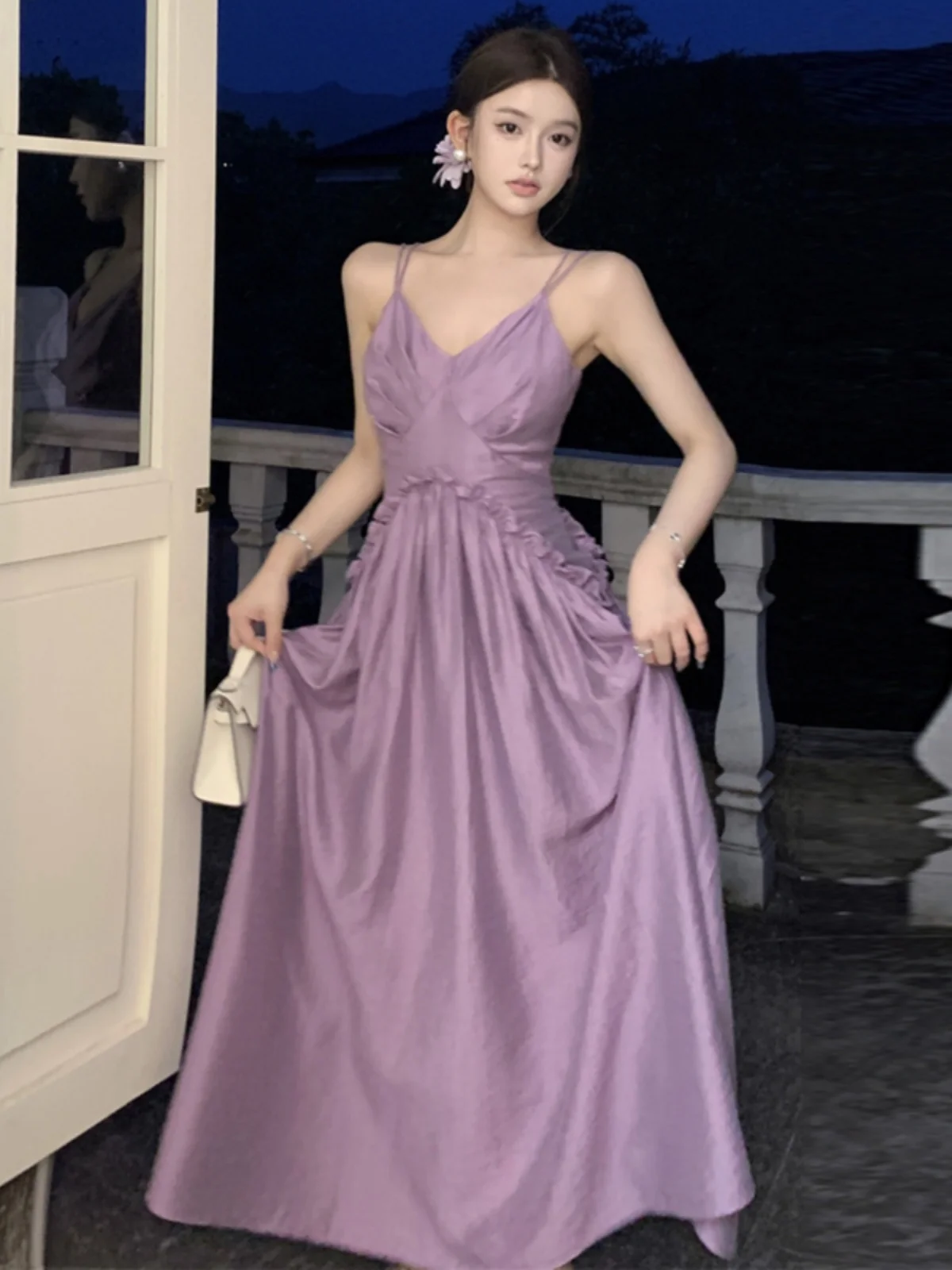 

Ele Vintage Low Cut Bal Long Dr Slimming Waist Sling Pleated Skirt Commute High Waist Polyester Fiber Summer Dr