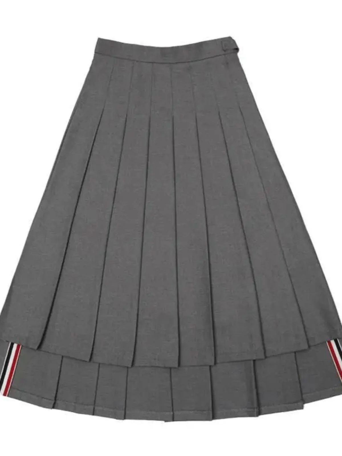 

Decorated Striped Pleated Skirt Front Short Back Long Four Bars Decoration Street Style Women's mid Waist A-Line Midi Skirt