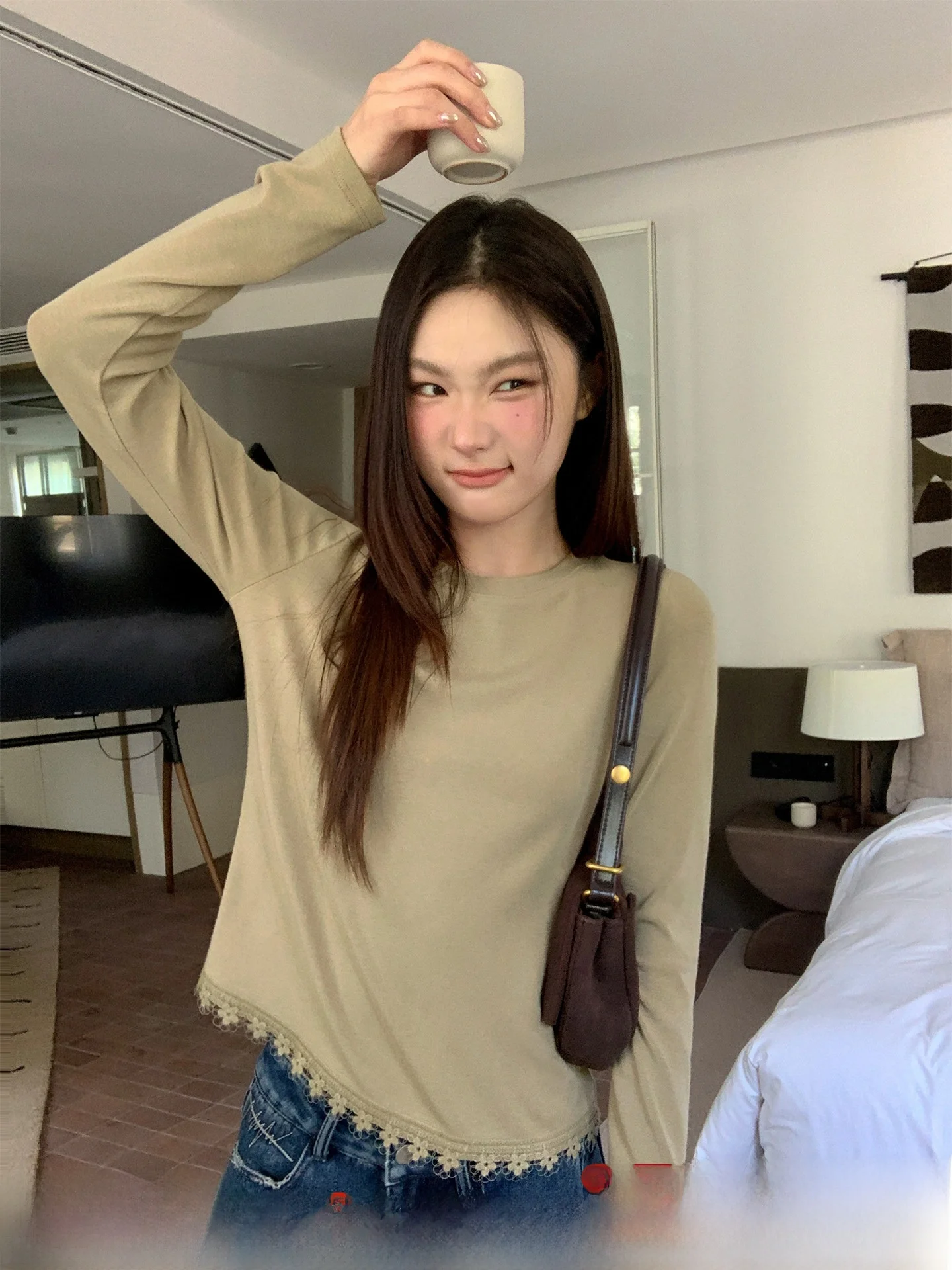 

Свободная женская футболка с длинным рукавом, осенне-зимняя, однотонная, универсальная, повседневная, с кружевным подолом, базовая, Hello Lazy Sle