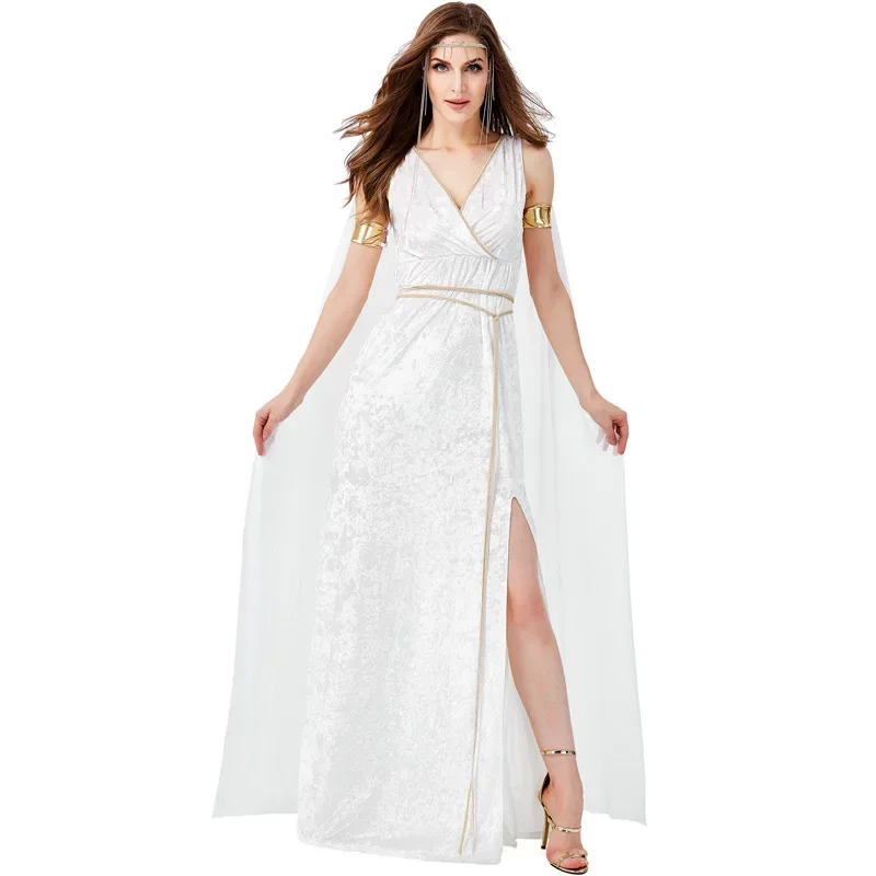 White Goddess Dress with High Slits Lady Liberty An Ancient Greek Mythological Figure Beautiful Cosplay Costumes