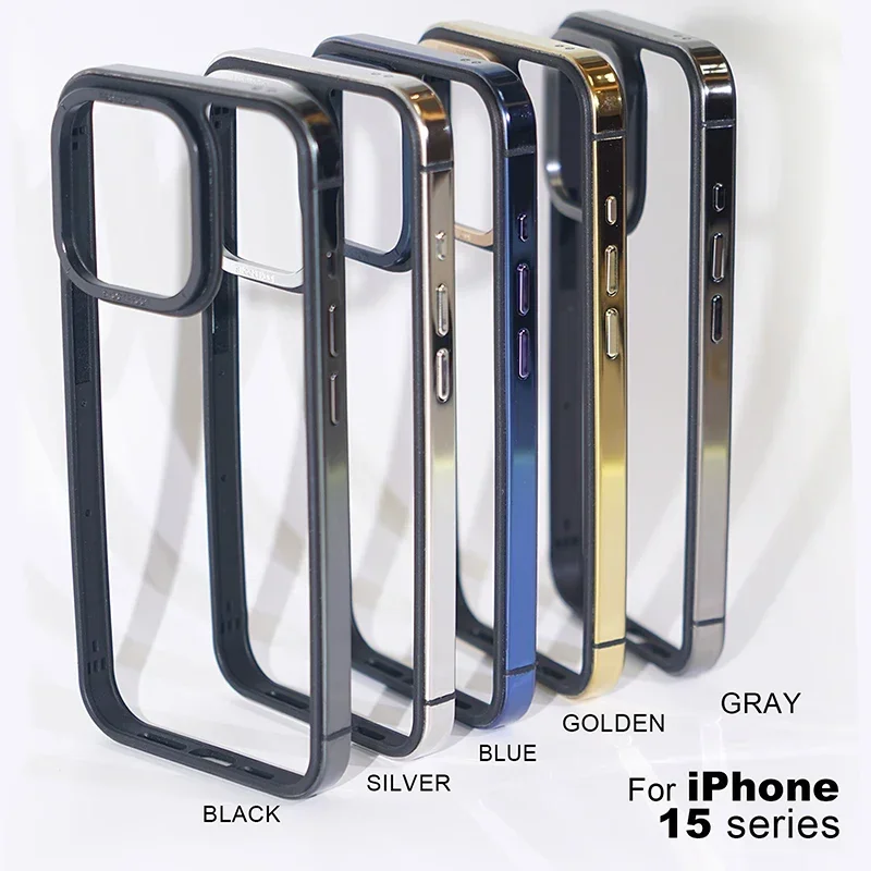 Stainless Steel Bumper Frame Case For iPhone 15 Pro Max Plus Soft TPU Lining Metal Edge Camera Protection Cover K03