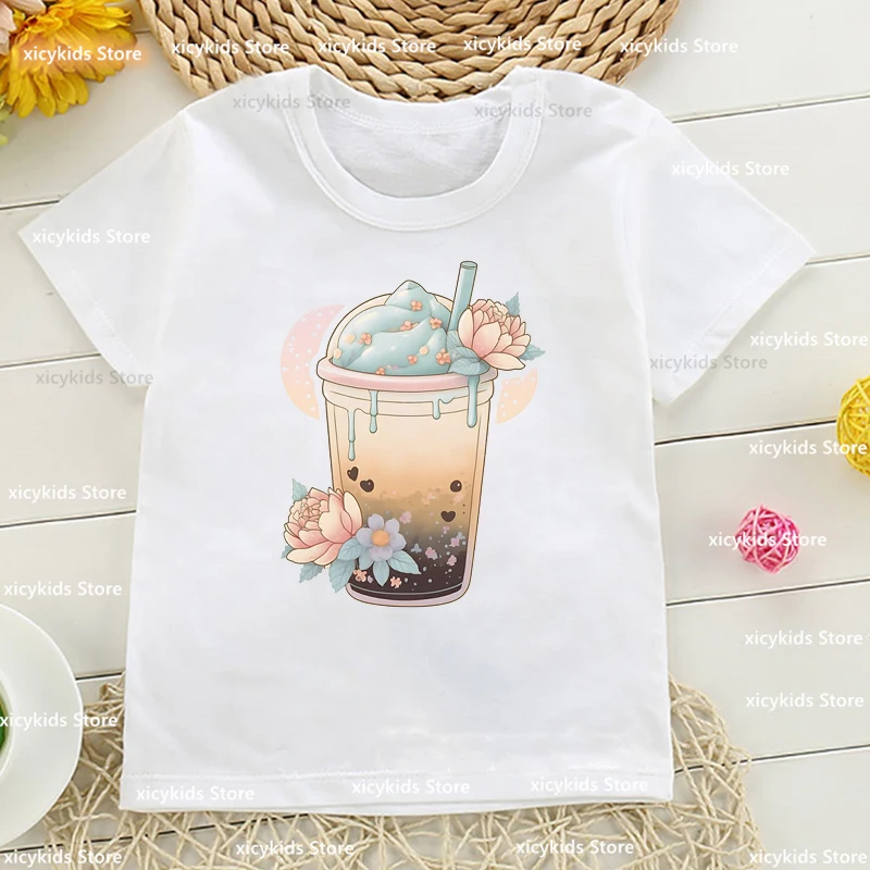 

T-Shirt For Boys/Girls Cut Bubble Milk Tea Boba Dessert Drink Flower Graphic Printed Girls Clothes Summer Short Sleeve Kids Tees