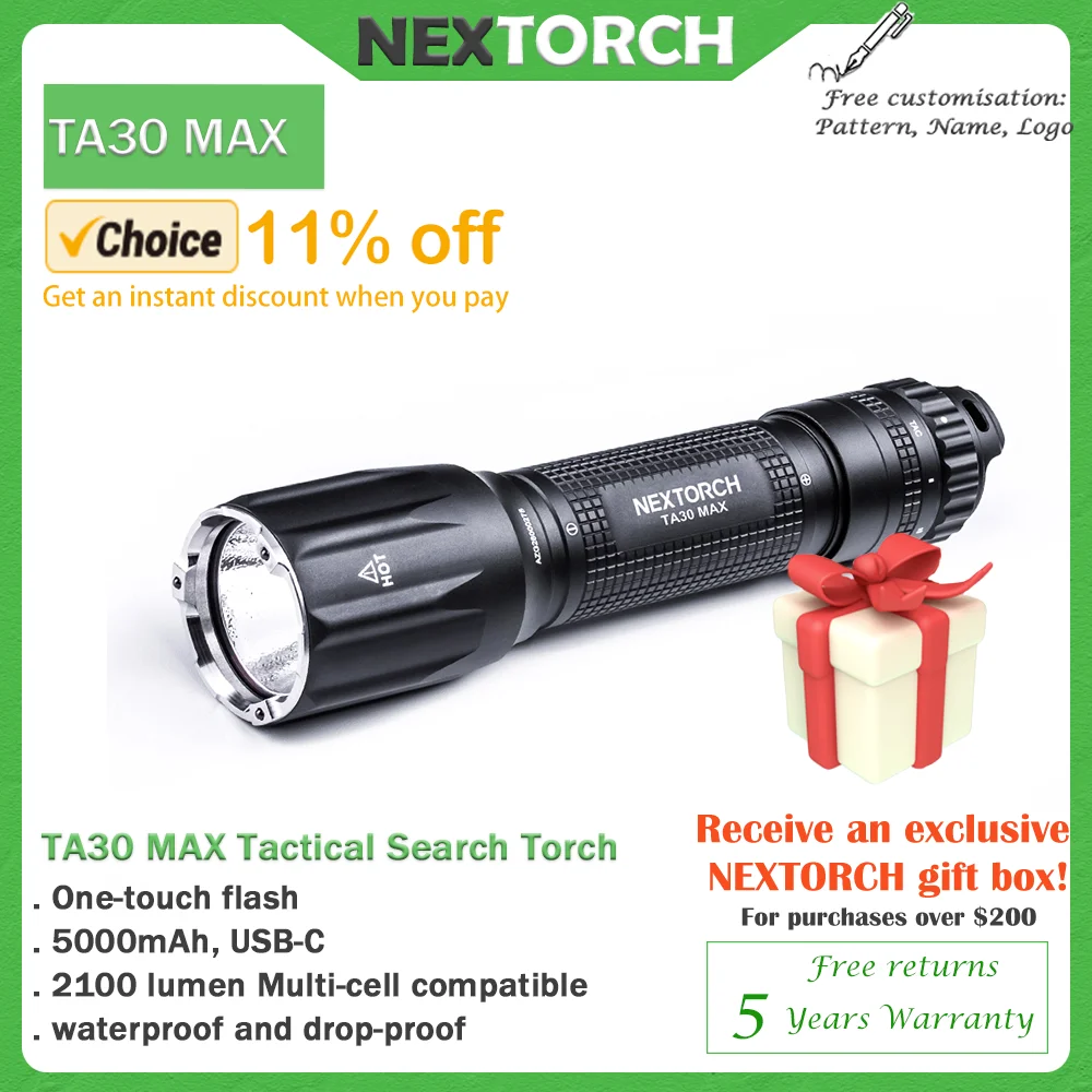 Nextorch TA30 MAX Tactical Flashlight 2100 Lumen High Brightness, 21700 USBC Battery, Outdoor  camping, LED Professional torch