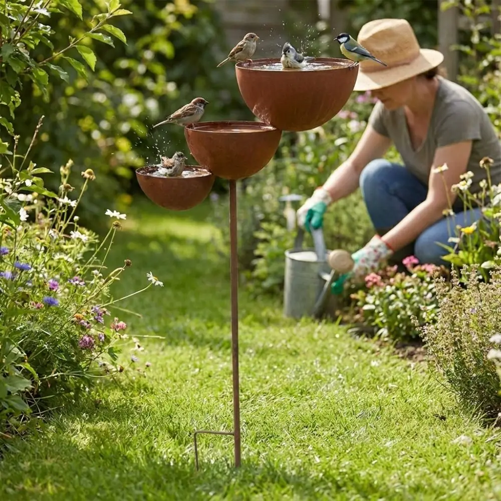Vintage Iron 3-Tier Metal Bird Bath Rusted Ground Stakes Garden Rain Catcher Three-layer Bowl Handmade Bird Water Dispenser
