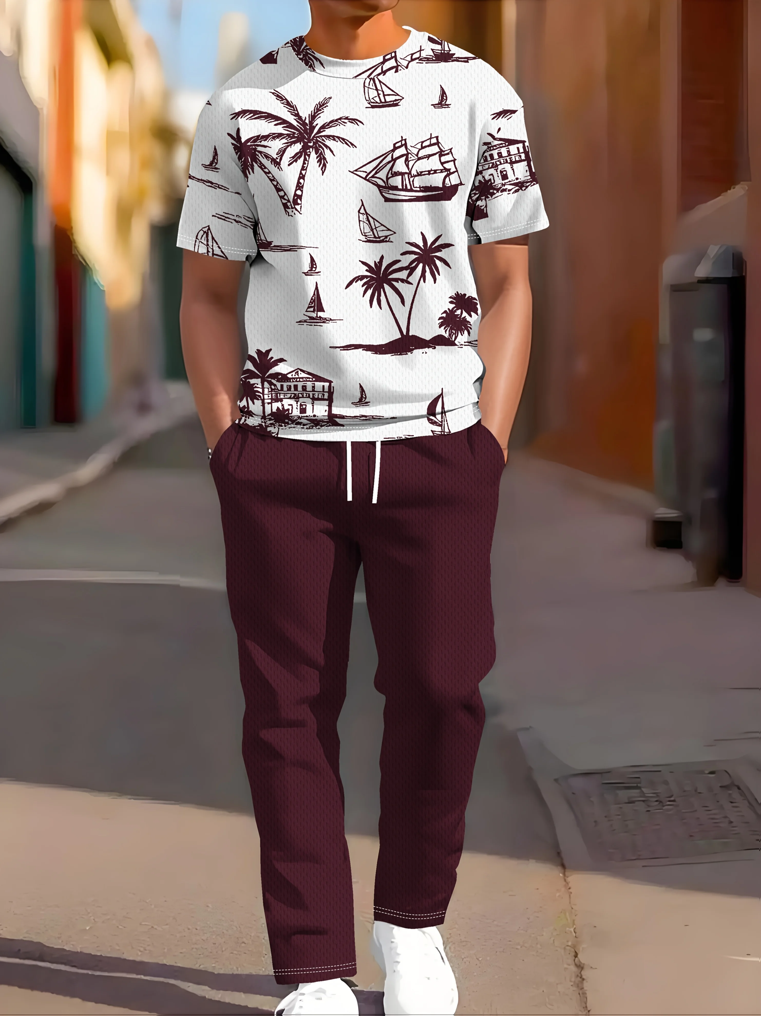 

Новый мужской комплект на весну и осень 2025 имеет повседневный модный удобный и мягкий 3D-принт с рисунком кокосовой пальмы.