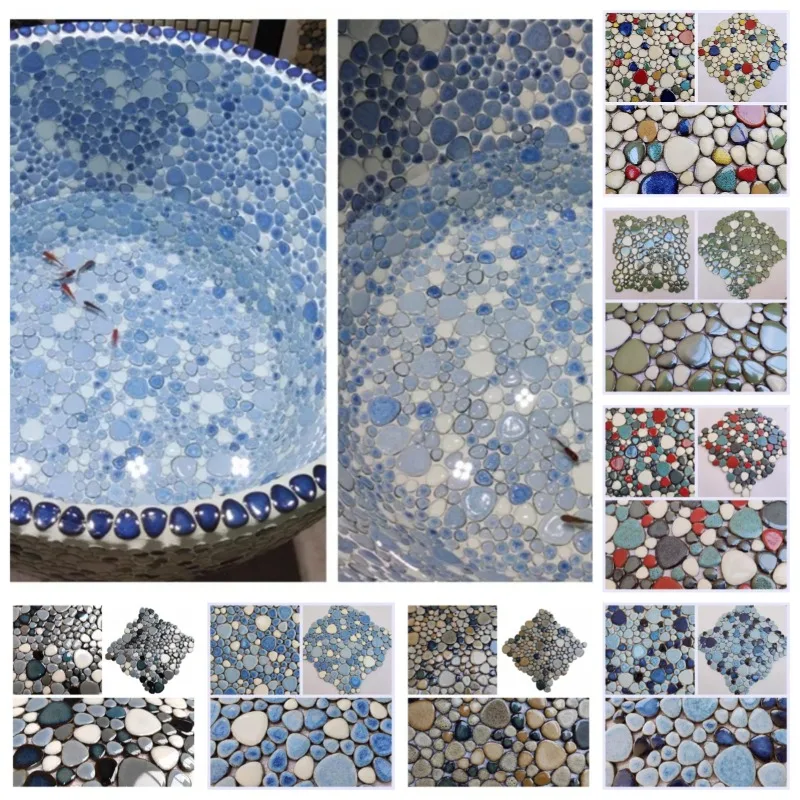 3D Mosaic Fragments Ceramic Pebbles for Hot Spring Pool Fish Pond Bathroom Non-slip Wear-resistant Blue White Porcelain Tiles
