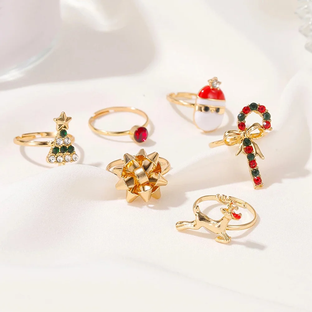 6 Pcs Christmas Elk Ring Set Kids Finger Jewelry Toys Party Accessory Rings Gift Bag Fillers