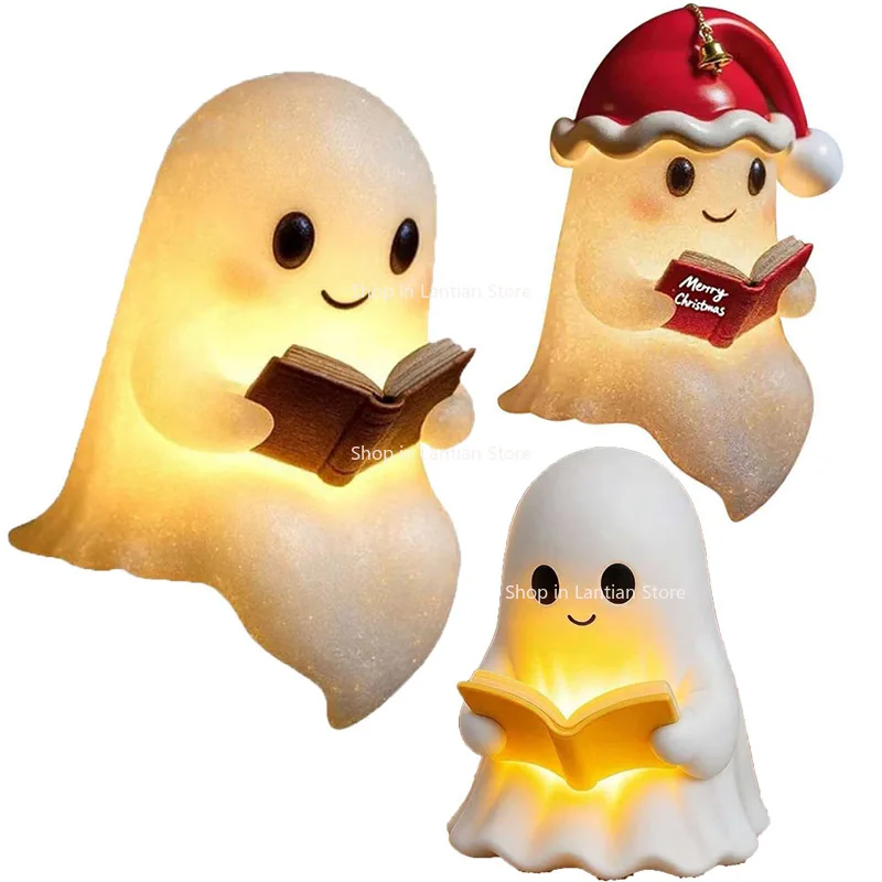 3D Ghost Reading Book Lamp Desk Light Statue Halloween Ghost LED Luminous Night Light Gift Party Home Decoration Figure Ornament