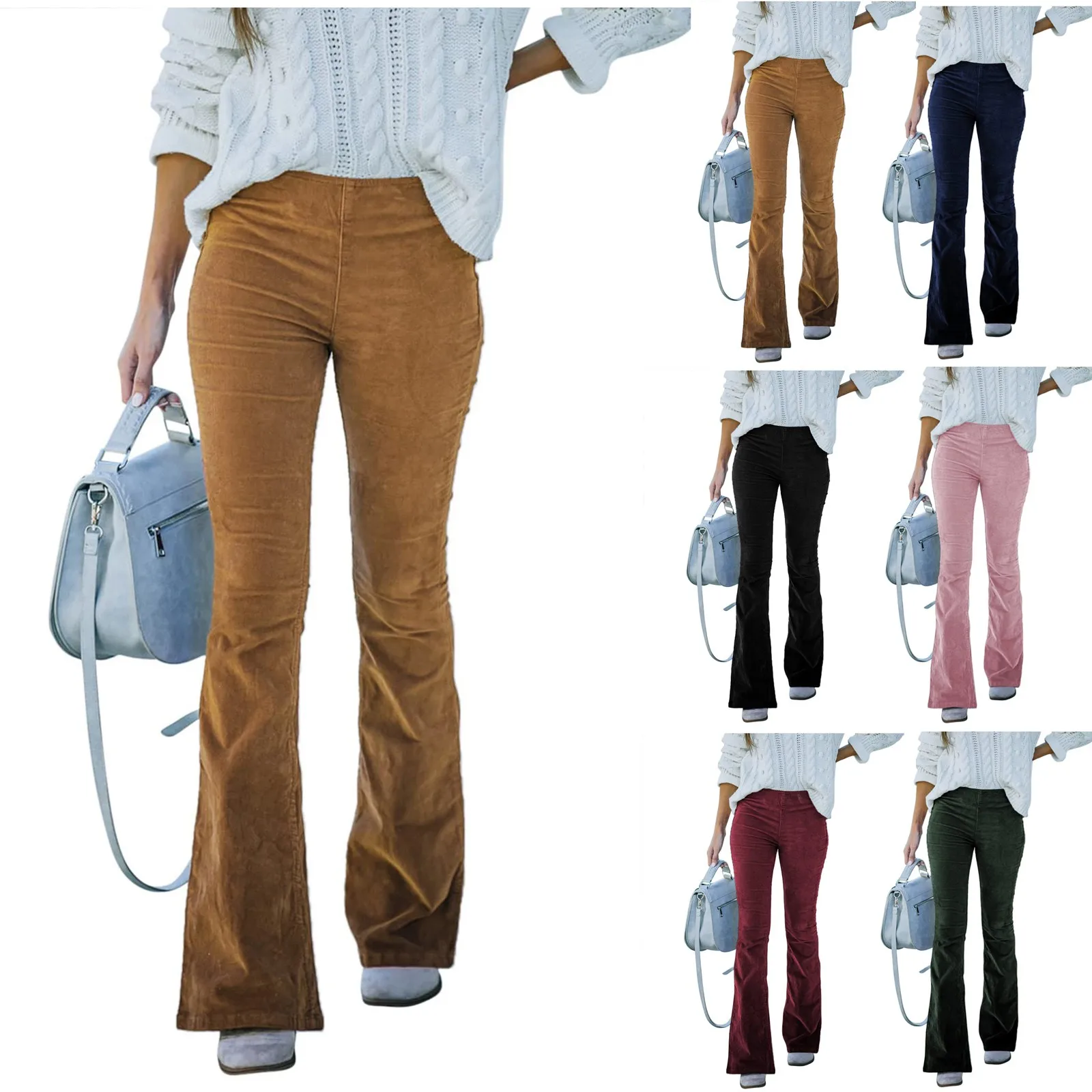 Pantalon Micro Évasé en Velours Côtelé pour Femme, Vêtement de Conception Unie, Coupe Slim, Taille artificiel astique, Style Décontracté
