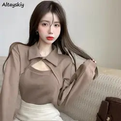 Long Sleeve T-shirts Women Fashion Ins Vintage Chic Hollow Out Turn-down Collar Solid Patchwork Simple Casual Sweet Korean Style