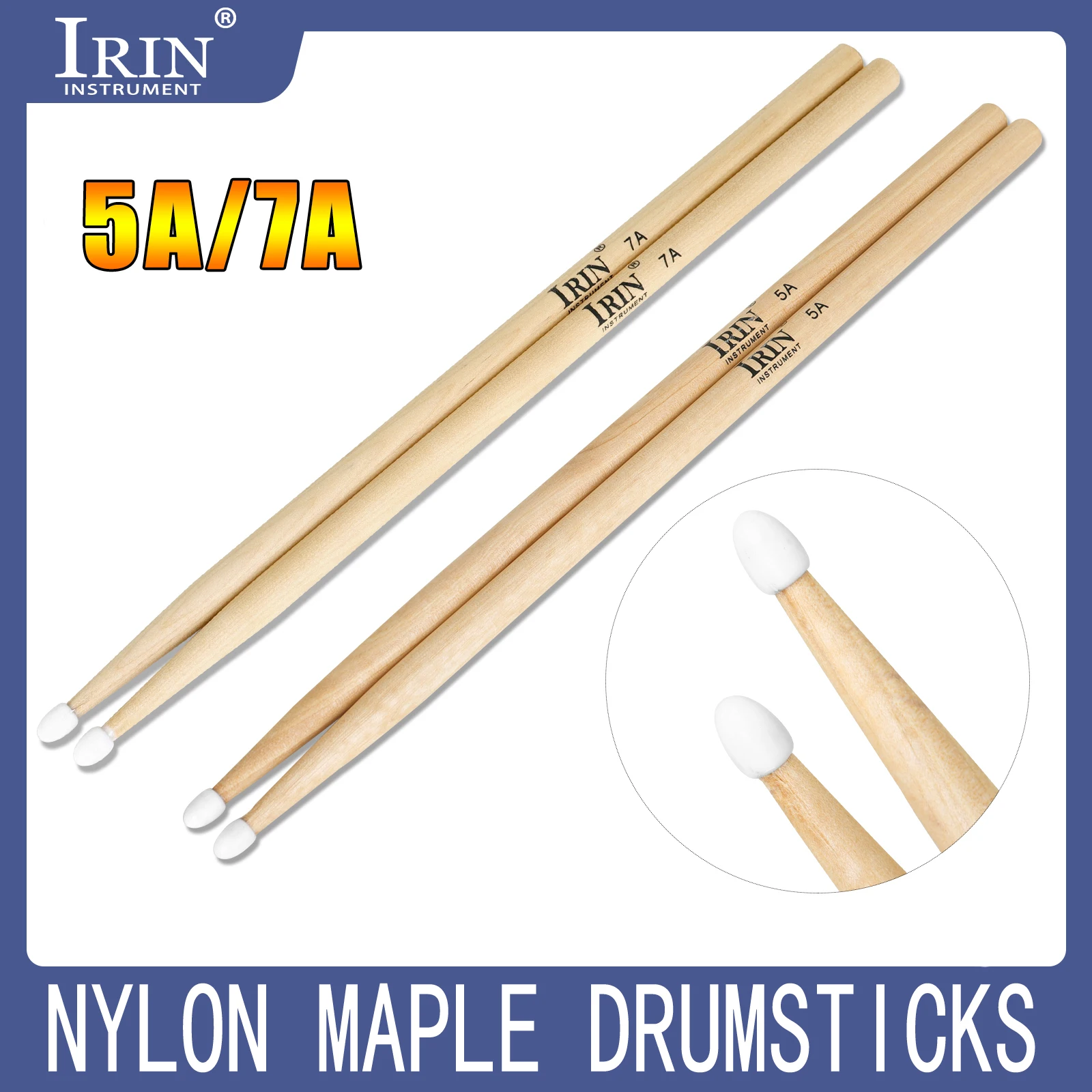 IRIN 1 Pairs 5A/7A Premium Maple Drumsticks Mallets Ideal for All Ages Durable Practice Drum Sticks for Jazz and Percussion