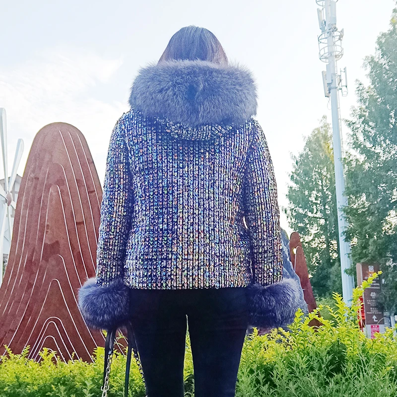 2023 New Down Coat Short and Thickened Winter Silver Fox Collar Hooded Coat with Colorful Sequins in Europe and America for Wome