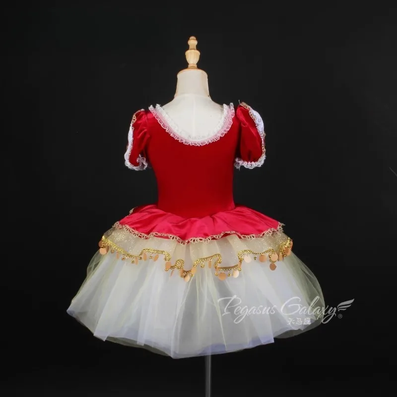 Vestido tutu de balé retrô vermelho, vestido de sino com design de palco, roupa de dança, gola de renda, manga bufante, vestido de princesa para meninas e mulheres