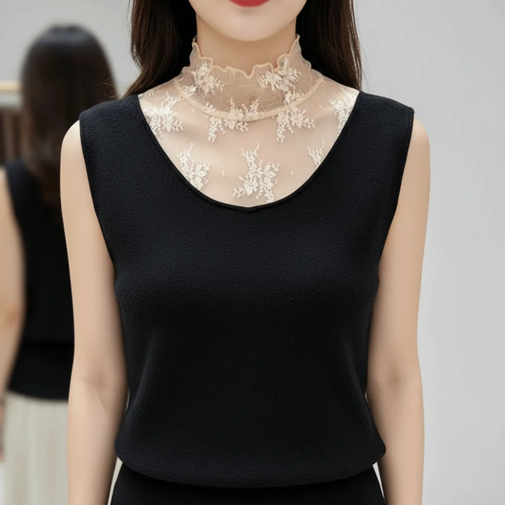 Vest Elegant Fake Lace Floral Collar Gauzy Slim Mesh Base Layer Top Chic Short Sleeve Detachable False Collar Winter