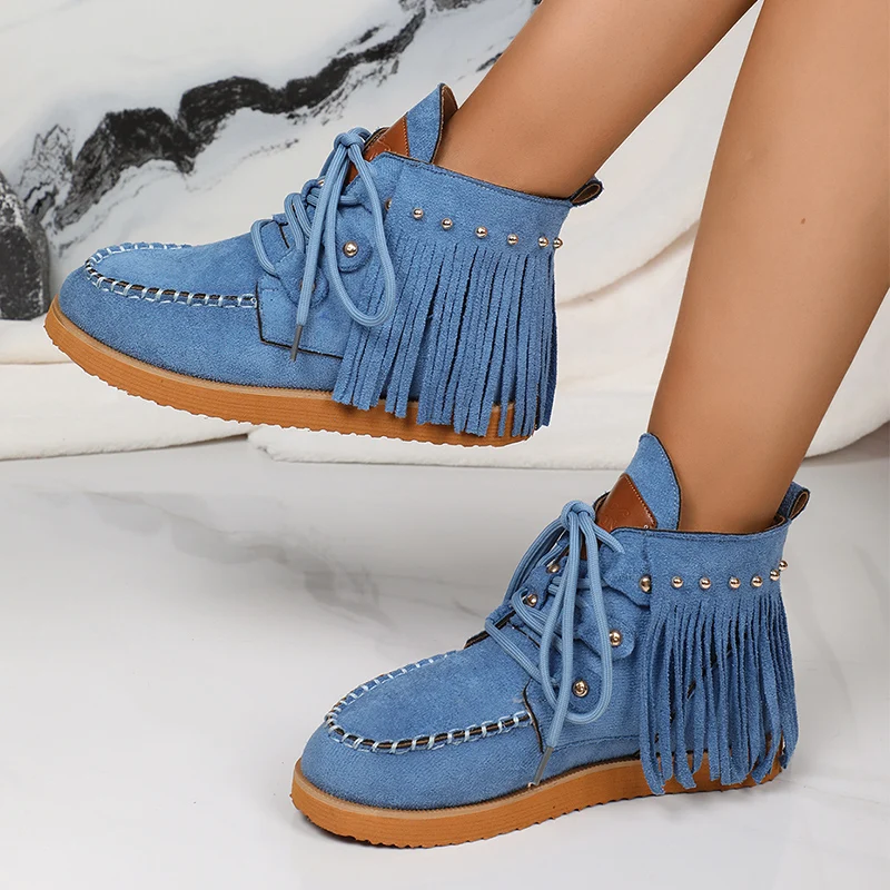 Vintage Tassel Lace-Up Western Boots for Women Autumn Winter Round Toe Cowgirl Rivet Boots Woman Suede Cowboy Chelsea Boots