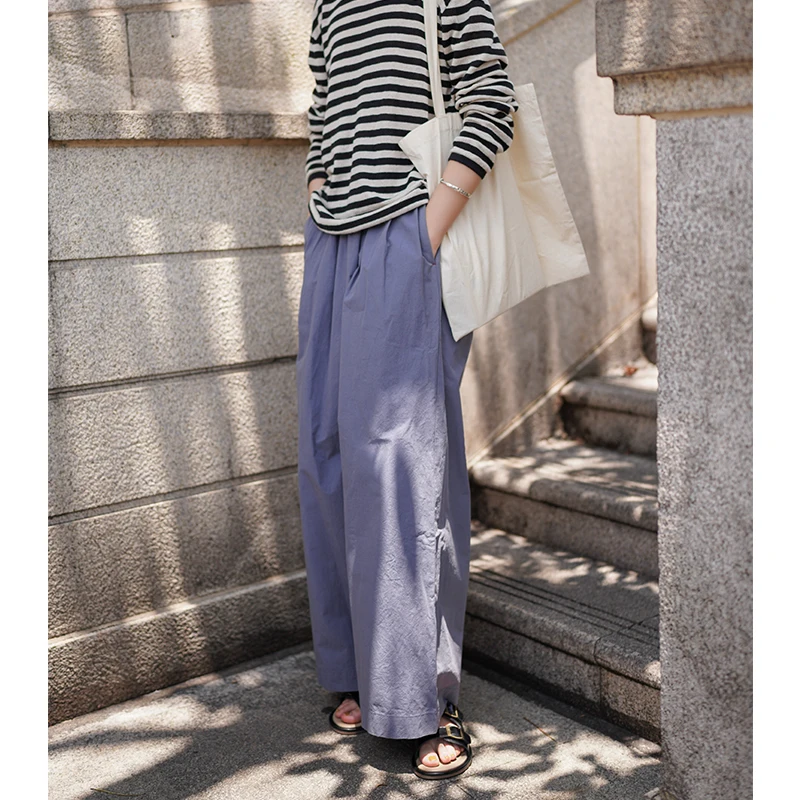 

Летние тонкие эластичные брюки с высокой талией и широкими штанинами из 100% хлопка, цвет July Blueberry Jam Mist Blue, повседневные, длинные