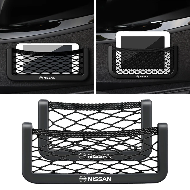 Car Organizer Storage Bag Auto Paste Net Pocket Phone Holder Car Accessories for Nissan Qashqai X J10 Trail Tiida Hub Caps