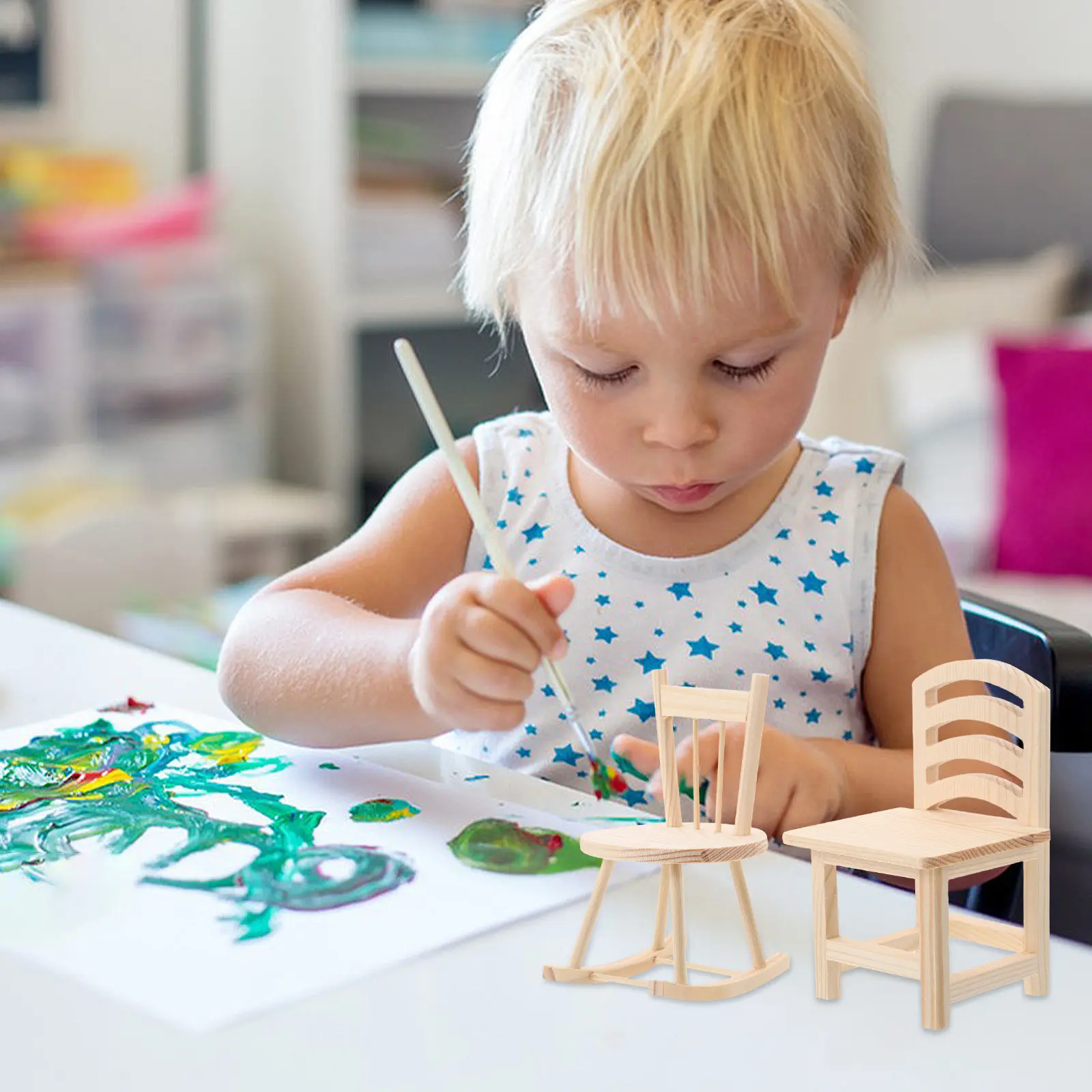 2Pcs Miniature Wooden Rocking Chair Craft Kit for Kids Paintable Blank Design Sensory Learning Tool Desktop Ornament Dollhouse