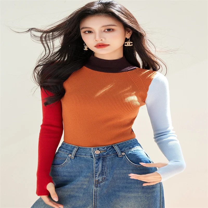 H Han Queen 2024 Autumn Winner Top Korean Colorblocking Elastic Simple Basic Knitwear Bottoming T-Shirt Women's Long Sleeve Tee