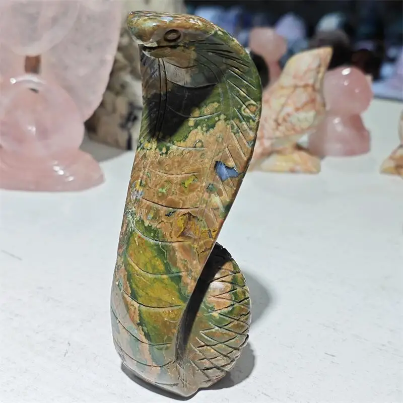 Natural Ocean Jasper Snake Carving Reiki Healing Fengshui Stone Gift Home Office Decoration Gift 1PCS