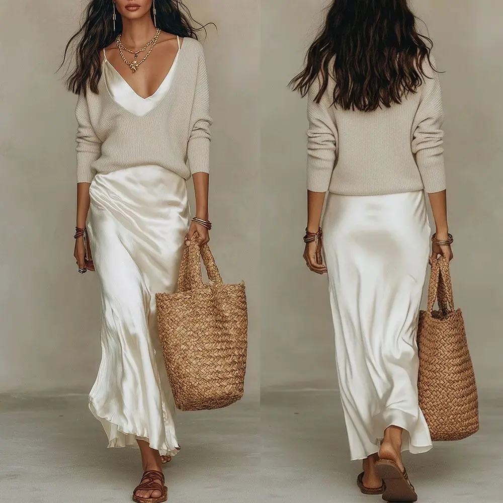 New V Neck Two Piece Dress Set Slim Fit Solid Color Long Sleeve Knit Top Sleeveless Long Sleeve Knitted Tops Set Beach Wear