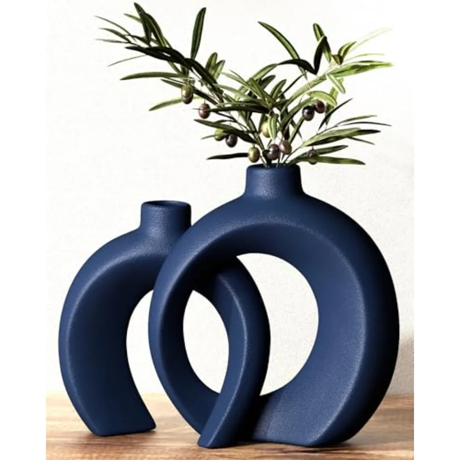 

Blue Vase Set of 2 - Donut Navy Vases Home Decor, Modern Coastal Decor - Decorative Vase, Ceramic Decorations for Living Room C