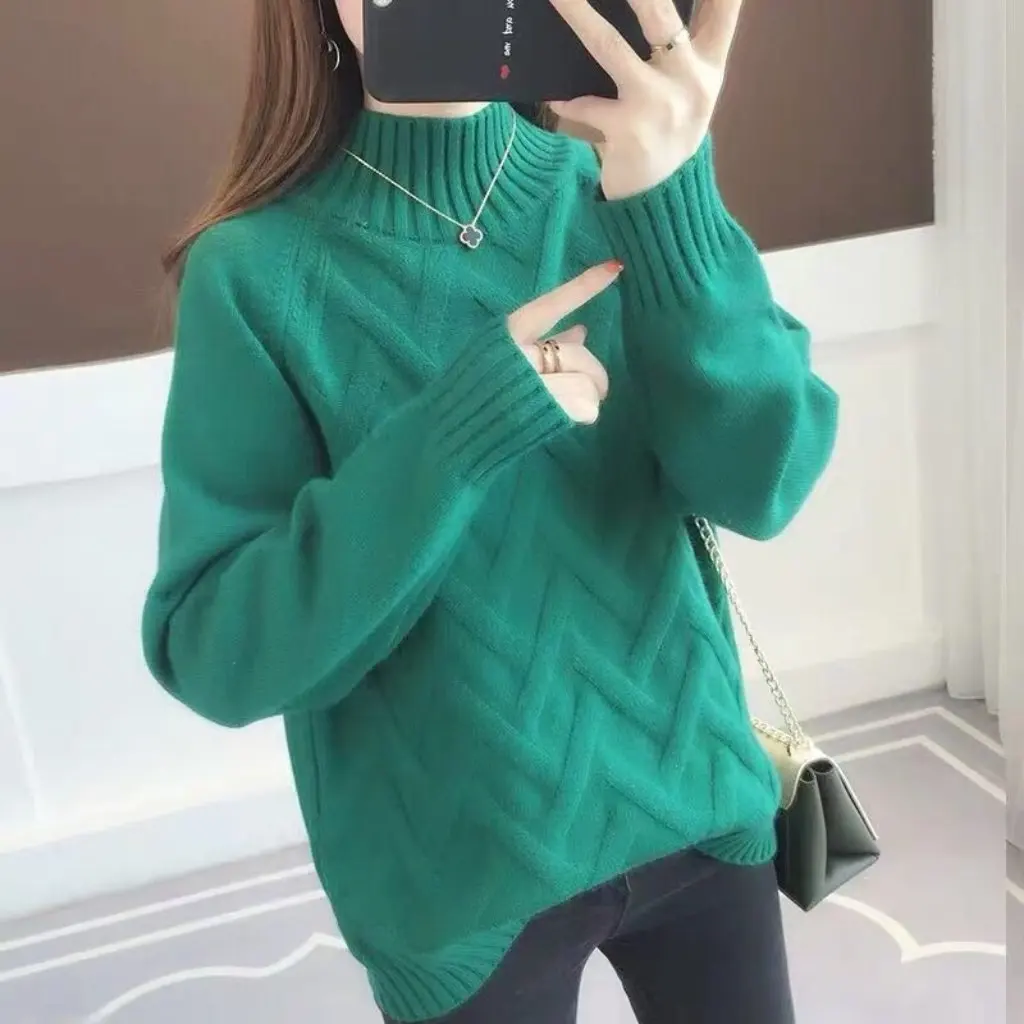 

Women's Solid Color Semi-High Collar Pullover Sweater Fashion Autumn Winter Warm Style by