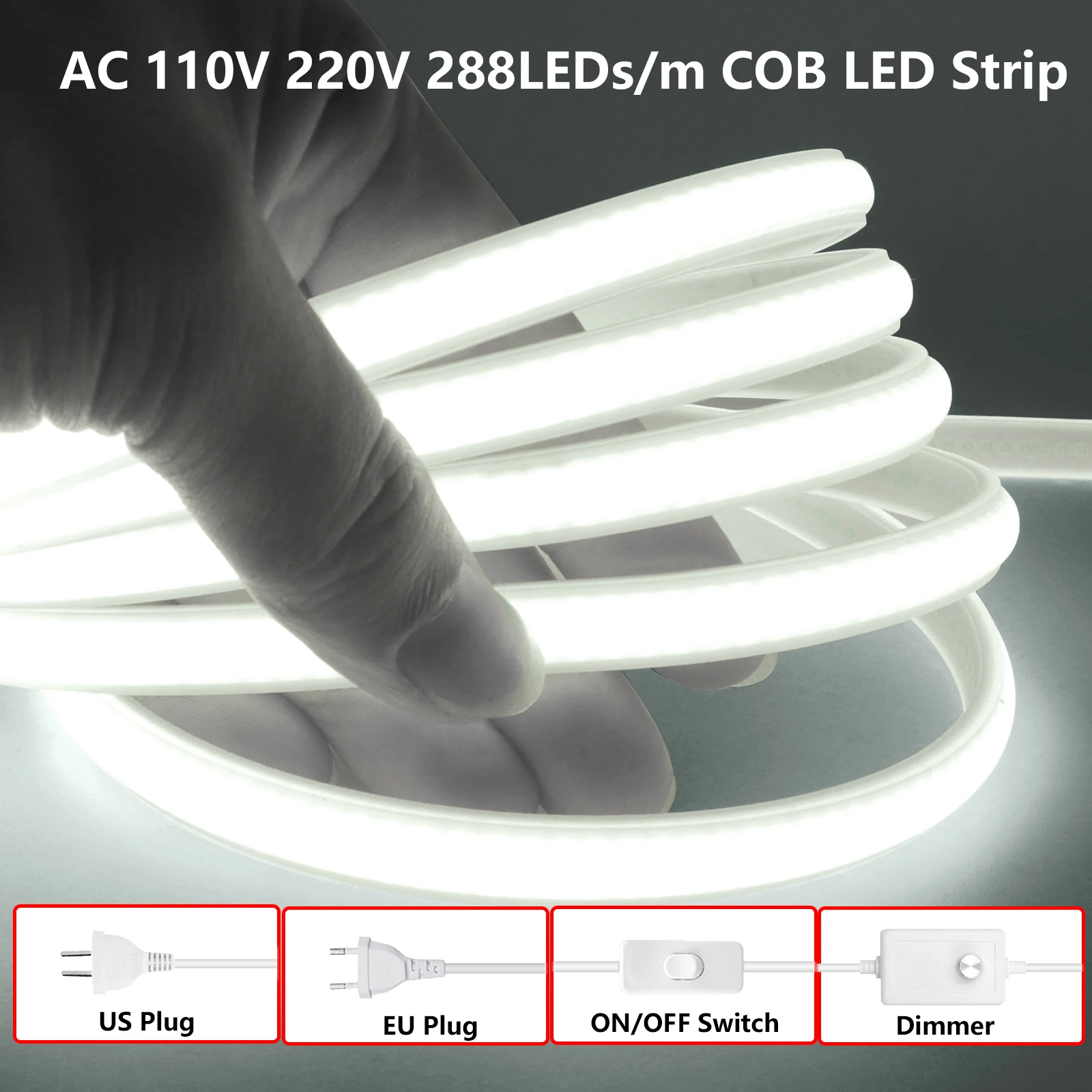 AC 110V 220V COB LED Strip with Switch/Dimmer and Plug Dimmable Silicone Neon Strip 288LEDs/m Waterproof Flexible Tape for Home