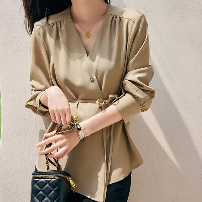 

Fashion Loose Buttons Solid Color Lacing Irregular Blouses Temperament Office Lady Simplicity Long Sleeve V-neck Women Clothing