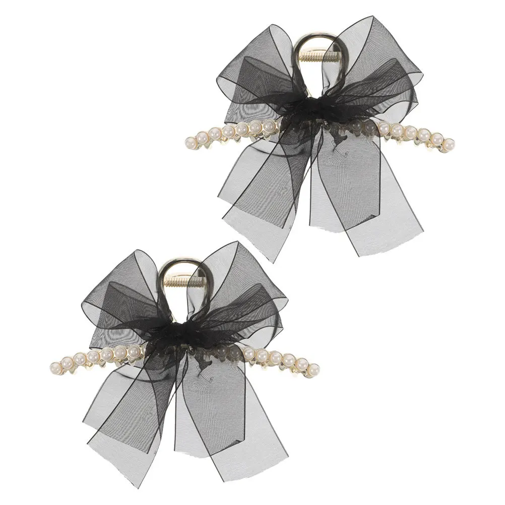 

2Pcs Large Bow Hair Claw Clips Faux Pearl Decor Black Tulle Bowknot Design Stylish Secure Grip Hair Barrettes for Women Girls