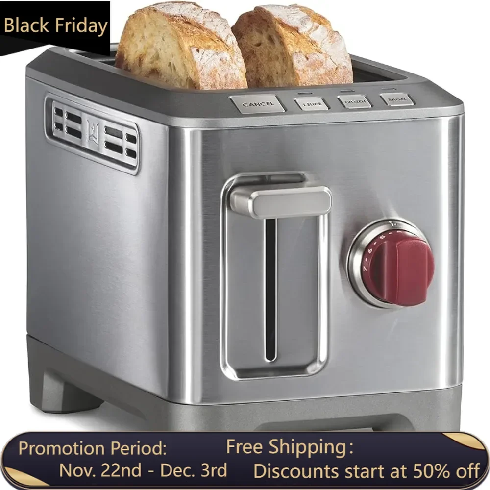 2-piece ultra wide slot toaster with color selector, bagel and thawing settings, red knob, stainless steel