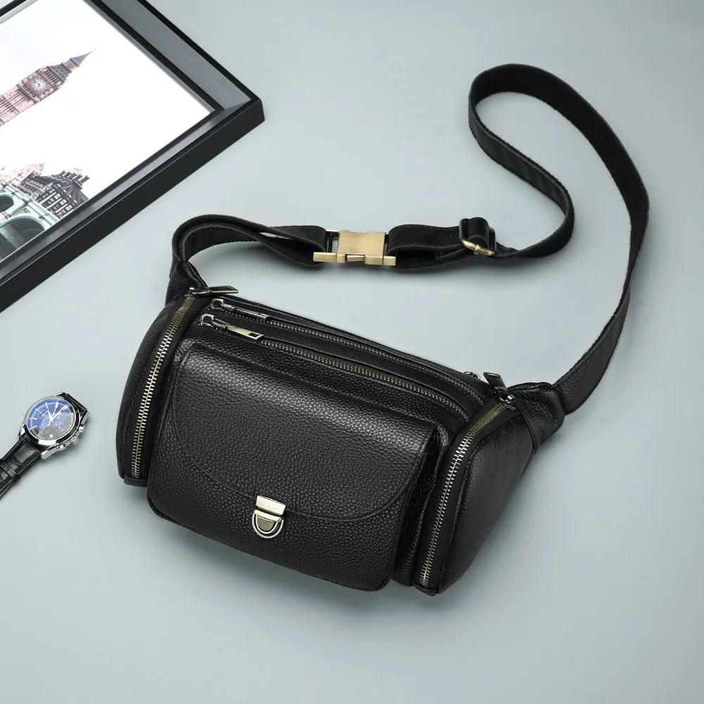 حقيبة صدر جلدية للرجال جديدة للرجال الخصر جلد طبيعي سعة كبيرة موضة جلد البقر Crossbody حقيبة صدر متعددة الوظائف