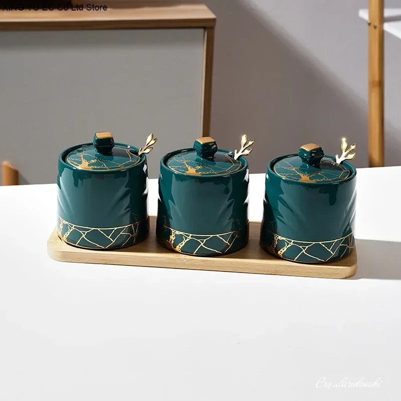 Golden Marble Glass Ceramic Storage Flask Spice Jar with Lid Box Seasoning Domestic Bowl Sugar Bamboo Wood Tray Kitchen Utensils
