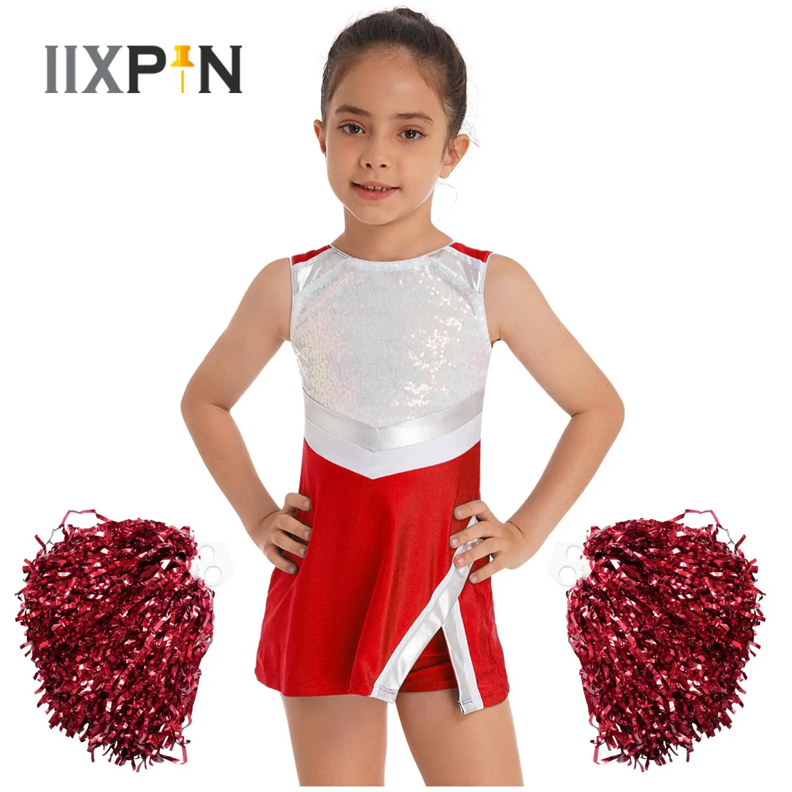 

Kids Girls Cheerleading Dance Costume New Sleeveless Shiny Sequins Dress+Shorts+2Pcs Flower Balls Set for Performance Streetwear